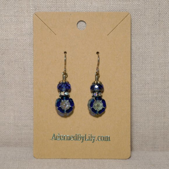 Hand Crafted Handmade Earrings Vintage Style Cobalt Blue Flower Earrings - Picture 2 of 5
